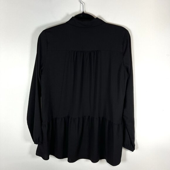 LOGO by Lori Goldstein Solid Black Button Up Blouse Size Small Ruffle Bottom - Picture 6 of 8